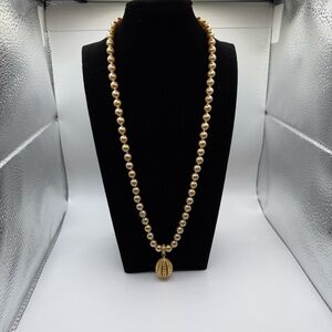 JOAN RIVERS Gold-Tone Faux Pearl Necklace Rhinestone Egg Pendant 23” Chain Clasp